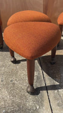 Load and play video in Gallery viewer, Rare Set of Four (4) &#39;Trifecta&#39; Rolling Stools in Walnut &amp; Original Tweed Fabric by Adrian Pearsall for Craft Associates, USA, c. 1960s
