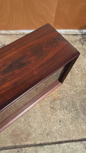 Load and play video in Gallery viewer, Bespoke 6ft Danish Mid-Century Modern Sofa Table / Display / Bookcase in Rosewood w/ Glass Sliding Doors, Denmark, c. 1960s
