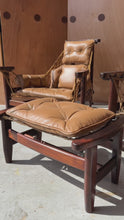 Load and play video in Gallery viewer, Rare Set of Two ( 2 ) &#39;Jangada&#39; Lounge Chairs w/ Matching Ottoman in Jacaranda &amp; Leather by Jean Gillon for Wood Art, Brazil, c. 1960s
