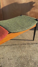 Load and play video in Gallery viewer, Rare Mid-Century Modern Two Seater Sculpted Bench in Oak &amp; New Two-Toned Upholstery by Arthur Umanoff, USA, c. 1960s
