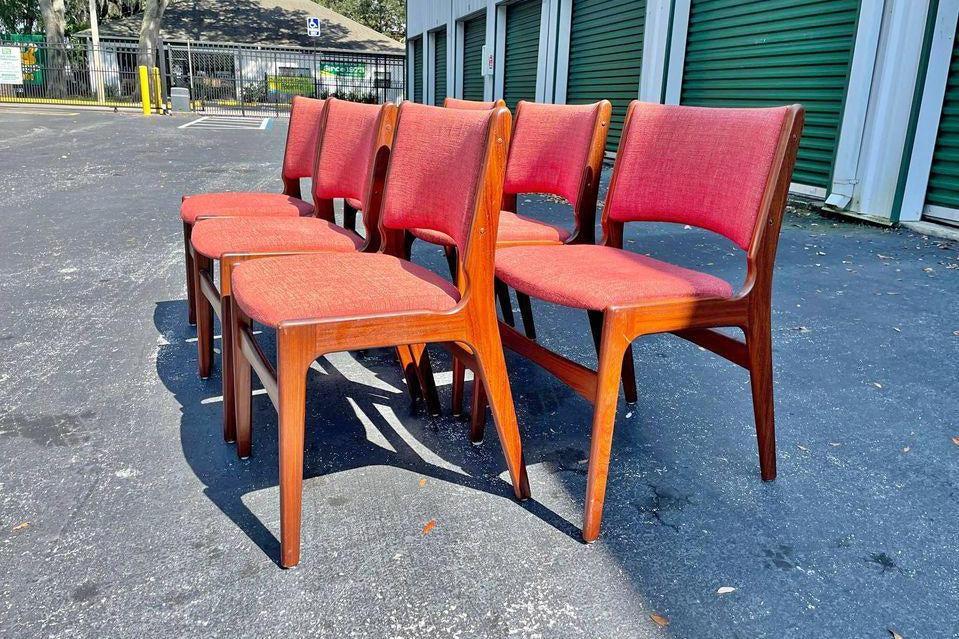 A Set of Six Model 89 Danish Modern Dining Chairs by Erik Buch in Teak in Original Salmon Upholstery-ABT Modern