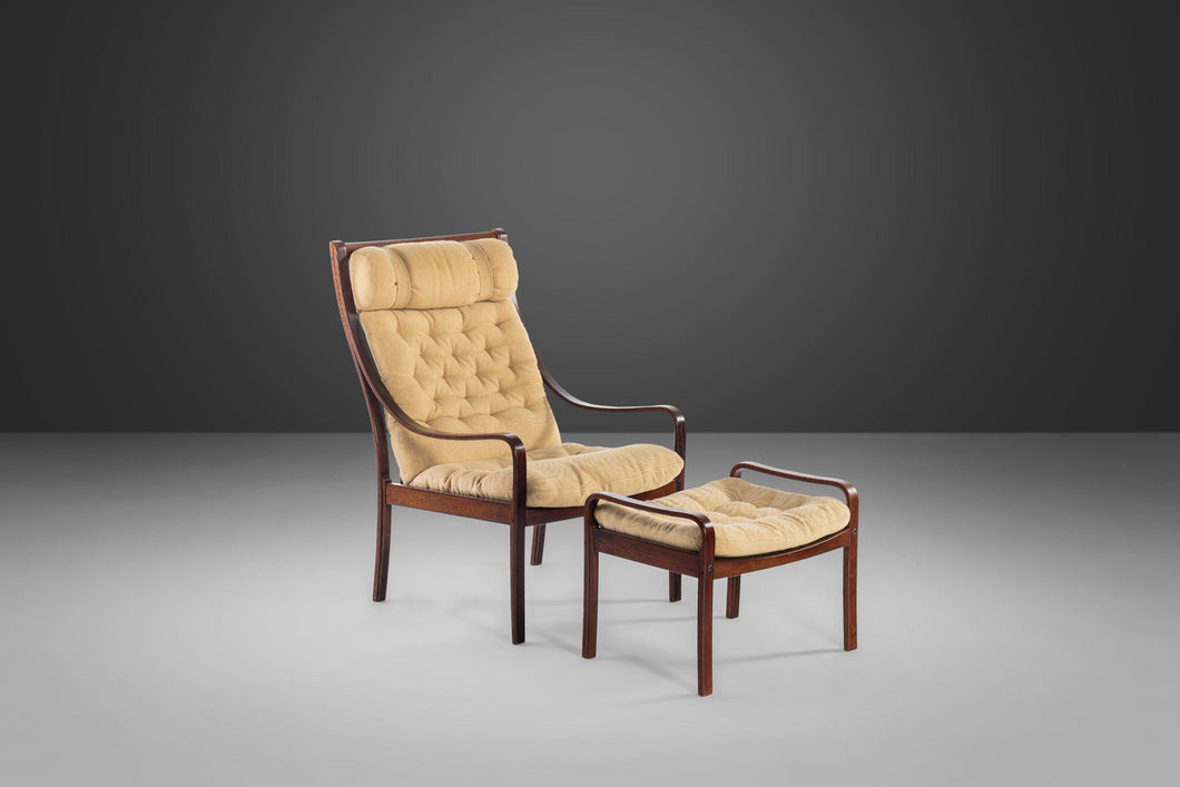 Bentwood Lounge Chair w/ Ottoman in Rosewood & Original Fabric by Fredrik A. Kayser for Vatne Møbler, Denmark, c. 1960's-ABT Modern