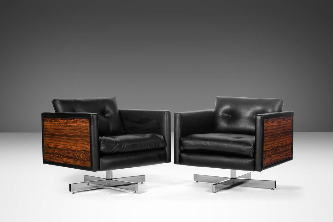 Bespoke Club Chairs with Rosewood Stylized Sides Set on Chrome Bases After Milo Baughman, c. 1960s-ABT Modern