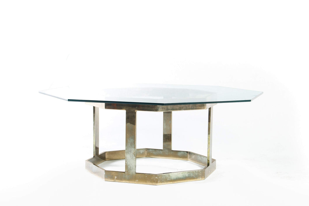 Brass Octagonal Coffee Table with a Glass Top in the Manner of Milo Baughman-ABT Modern