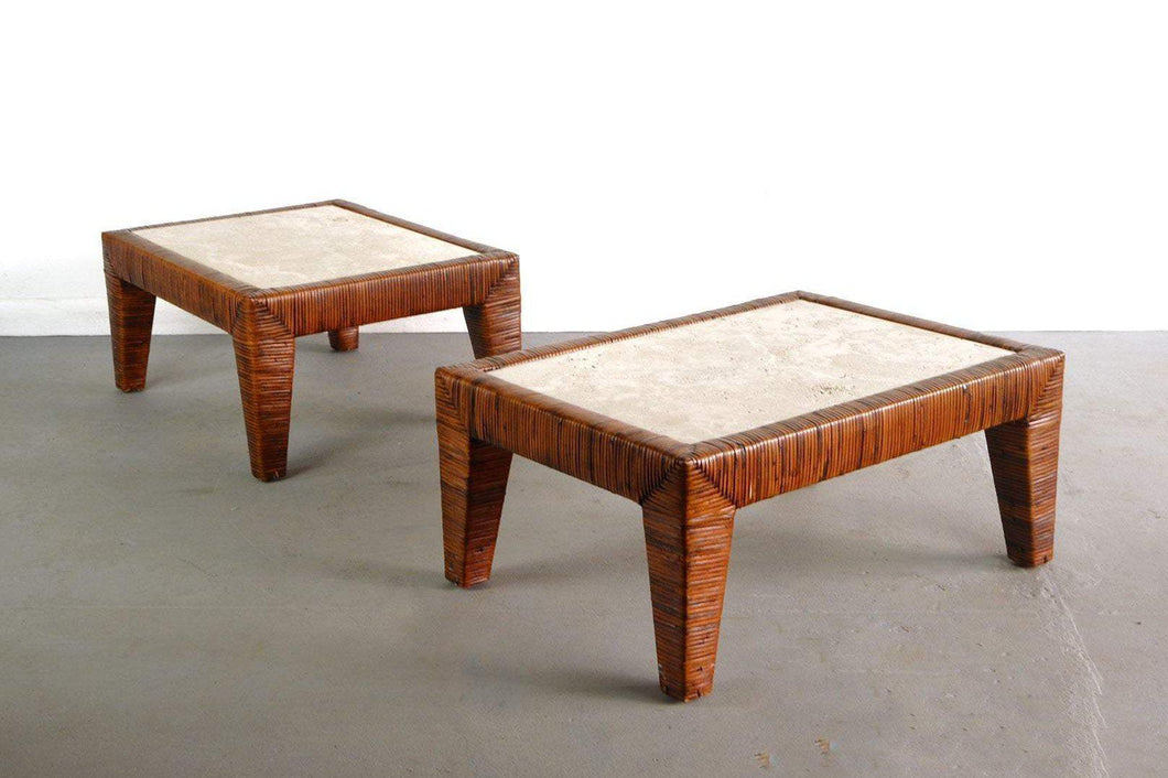 Cane Wrapped Rattan End Tables with Travertine Tops, A Set of 2-ABT Modern