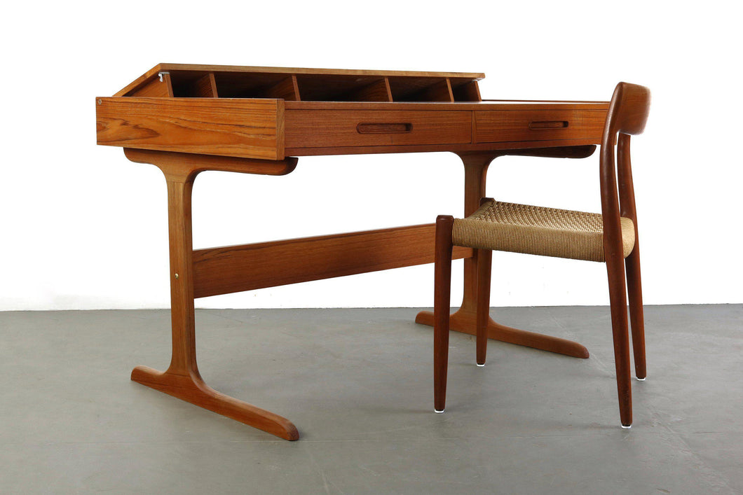 Danish Modern Drafting / Writing Desk In Rich Grained Teak with Pop Up Compartment-ABT Modern