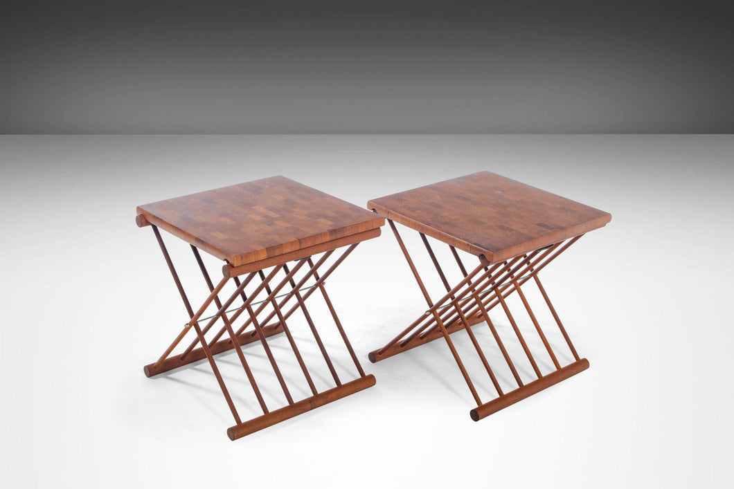 Danish Modern Set of Two (2) Solid Butcherblock Wood Foldable Campaign Style End Tables, c. 1960s-ABT Modern