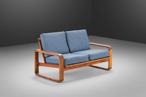 Danish-Styled Minimalist Bentwood Teak Loveseat / Two-Seater Sofa in Blue Knit Fabric, c. 1970's-ABT Modern