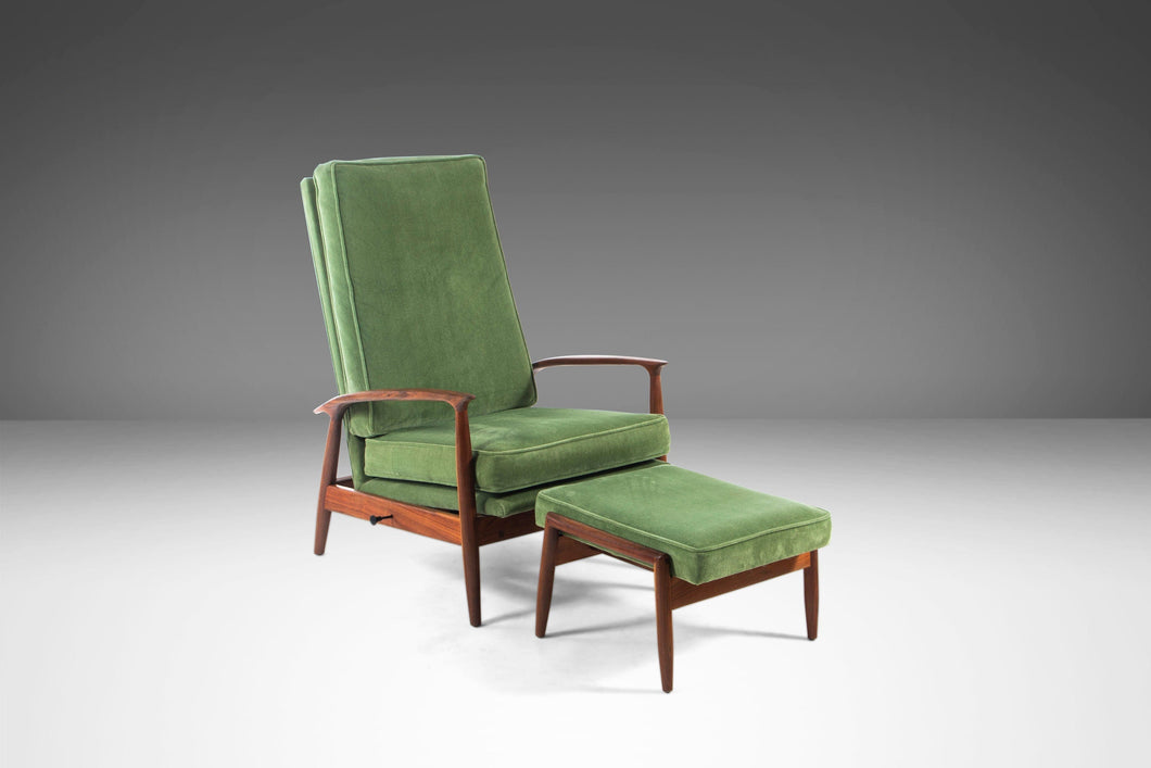 Early Milo Baughman for James Inc. High Back Lounge Chair / Recliner with Ottoman in Original Green Velvet Fabric, c. 1960s-ABT Modern