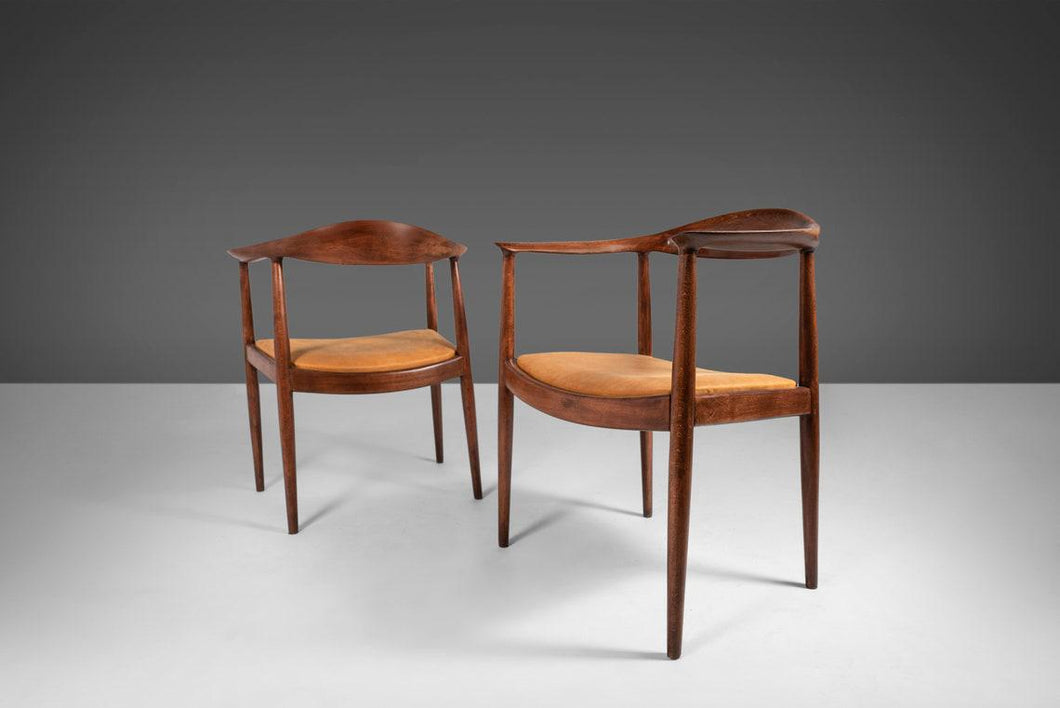 Early Set of Two (2) Hans Wegner Model JH501 Round Chairs / Presidential Chairs in Oak w/ Distressed Leather Seats, c. 1950-ABT Modern