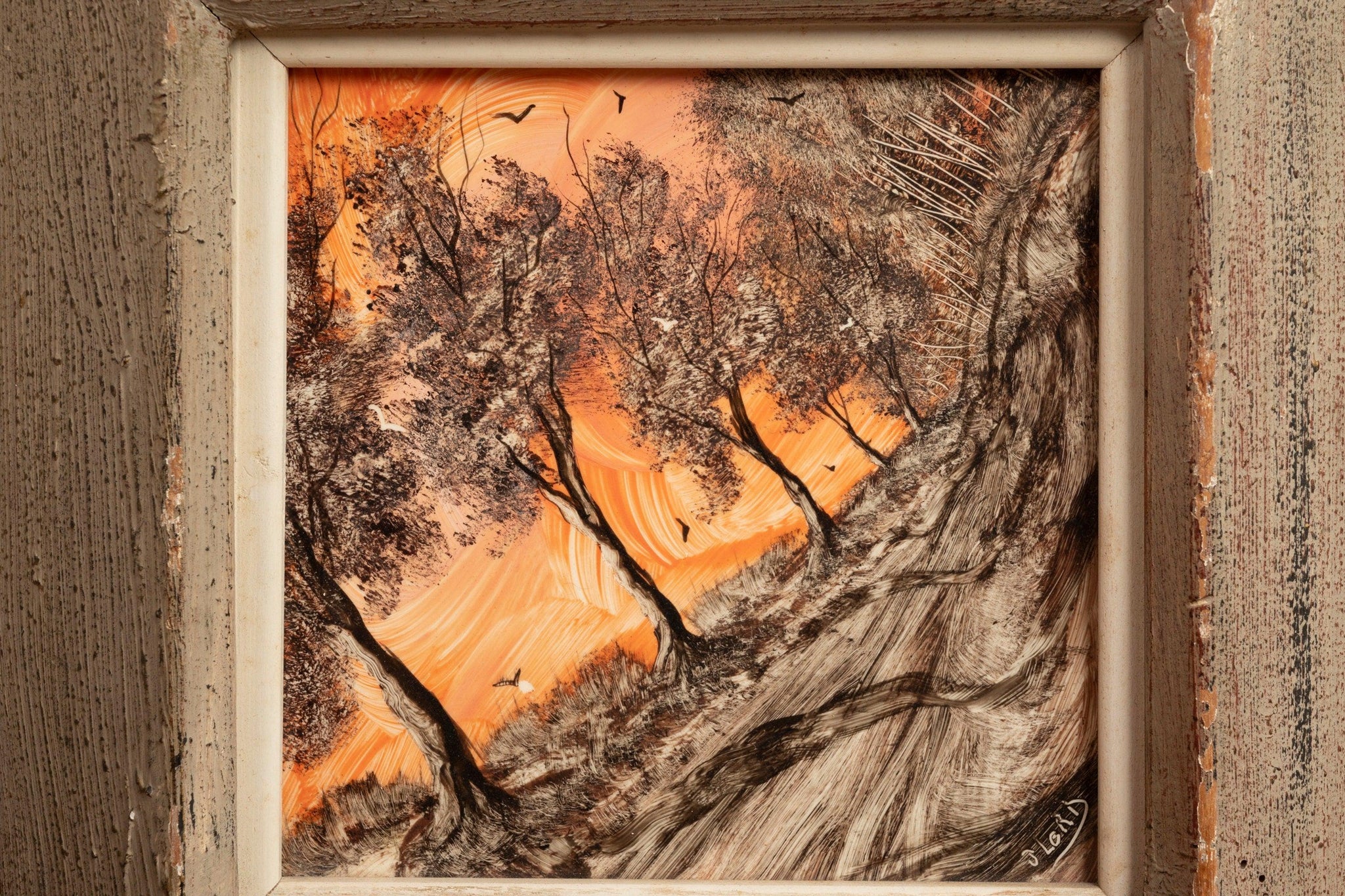 Load image into Gallery viewer, Early Signed Jack Lord 'Trees' Oil Painting / Tile / Wood Frame, USA, c. 1940's-ABT Modern