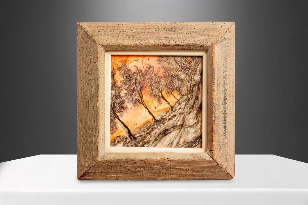 Early Signed Jack Lord 'Trees' Oil Painting / Tile / Wood Frame, USA, c. 1940's-ABT Modern