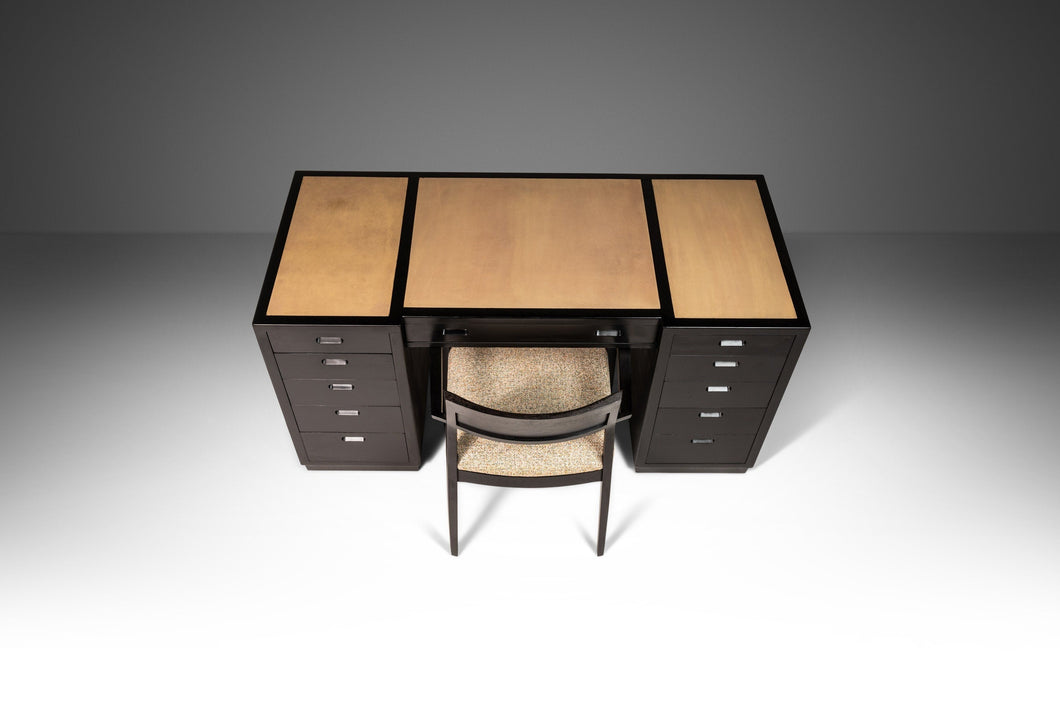 Ebonized Mid Century Modern Executive / Campaign Desk by Edward Wormley for Dunbar with Original Leather Top, USA, c. 1960s-ABT Modern