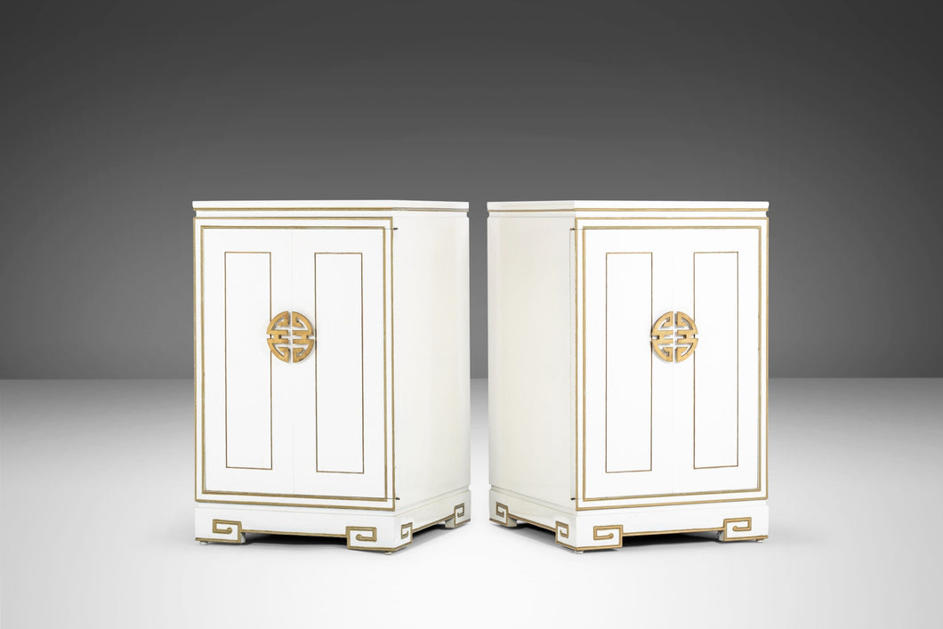 Exceptional Pair of Ricardo Lynn Side Cabinets / End Tables with Gold Trim Detailing, c. 1970s-ABT Modern