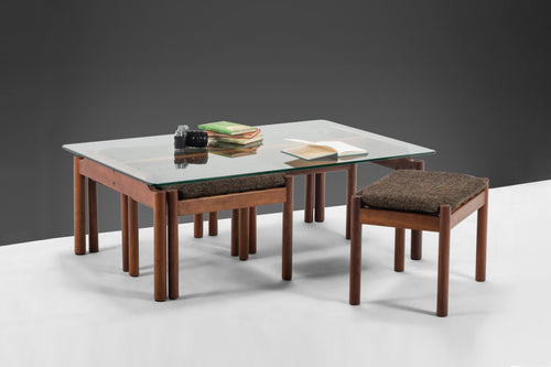 Glass and Teak Coffee Table with Four Nesting Stools Attributed to Jorgen Baekmark, Denmark, c. 1960's-ABT Modern