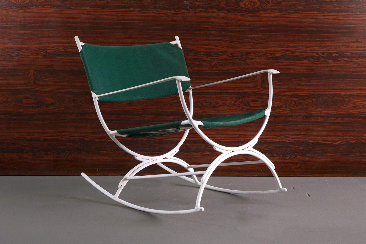 Gorgeous Mid Century Modern Rocking Lounge Chair in Green Canvas and W