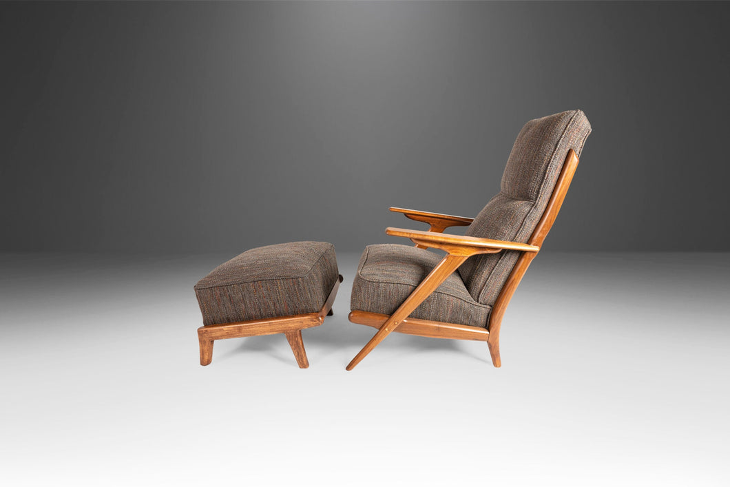 High Back Mid Century Modern Lounge Chair & Ottoman After Hans Wegner in Knoll Fabric, USA, c. 1960s-ABT Modern