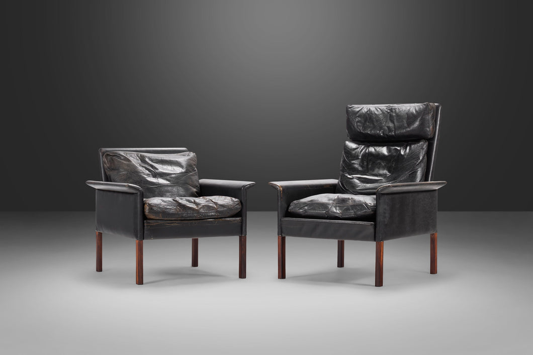 His and Hers Set of Model 500 Lounge Chairs in Rosewood and Vintage Leather by Hans Olsen for CS Møbler, Denmark, c. 1960's-ABT Modern