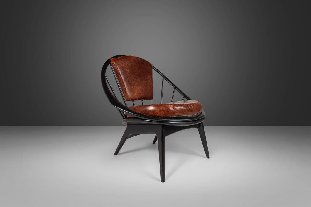 Ib Kofod-Larsen for Selig Ebonized Hoop Chair - Peacock Chair w/ Patinaed Leather, Denmark-ABT Modern
