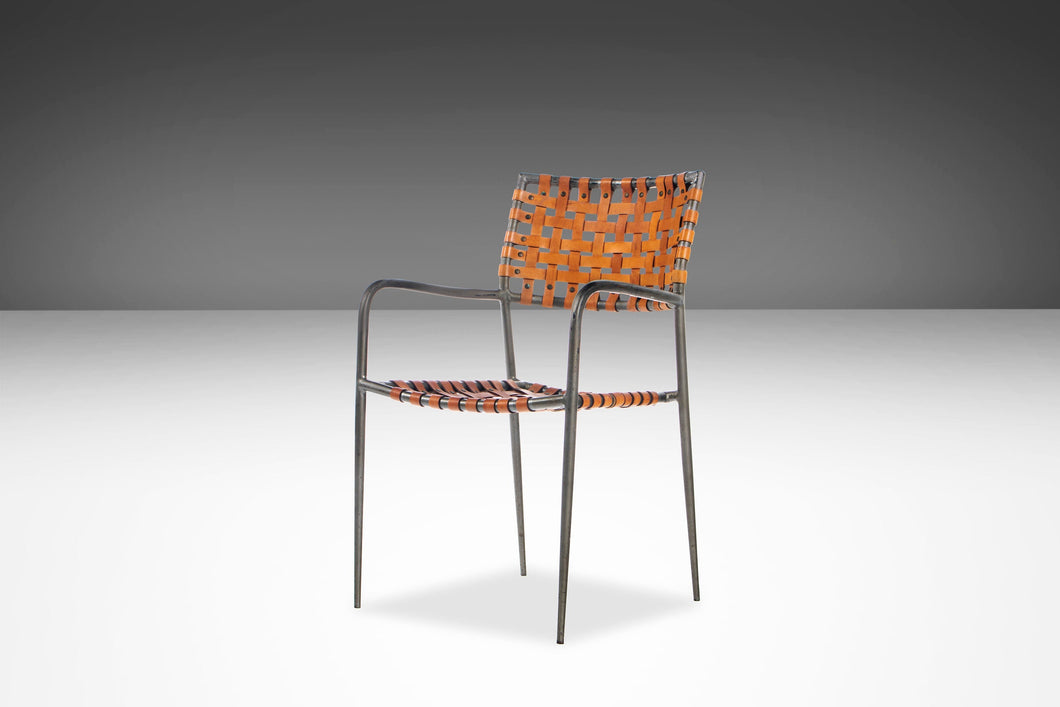 Italian Modern Patinaed Metal and Leather Strap Armchair / Desk Chair / Side Chair, Italy, c. 1970s-ABT Modern