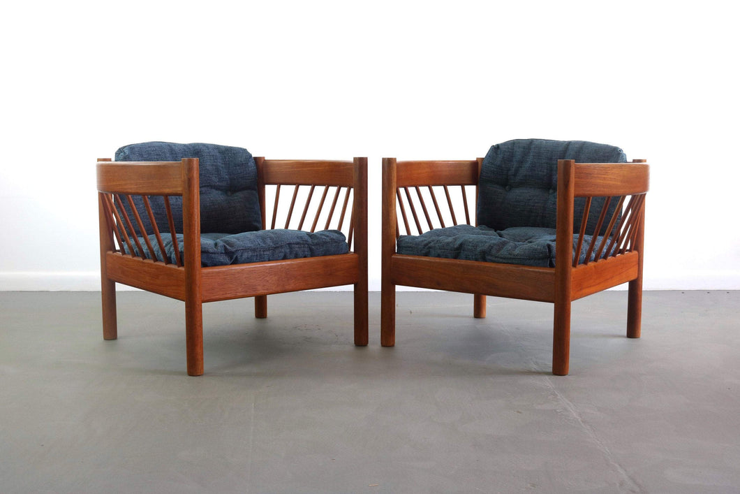 Jorgen Baekmark Spindle Barrel Chair Set of Two in Teak and Rich Blue Fabric-ABT Modern