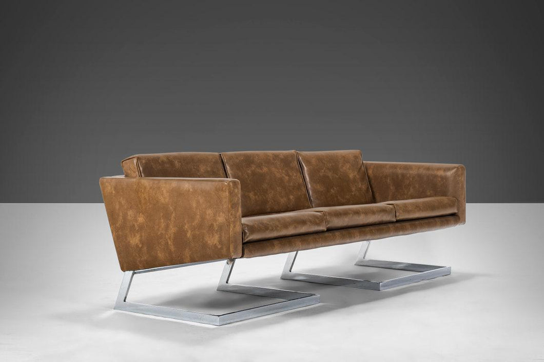 Long 3 Seater Sofa by Milo Baughman in Vegan Leather Set on a Chrome Cantilever Base, c. 1970s-ABT Modern