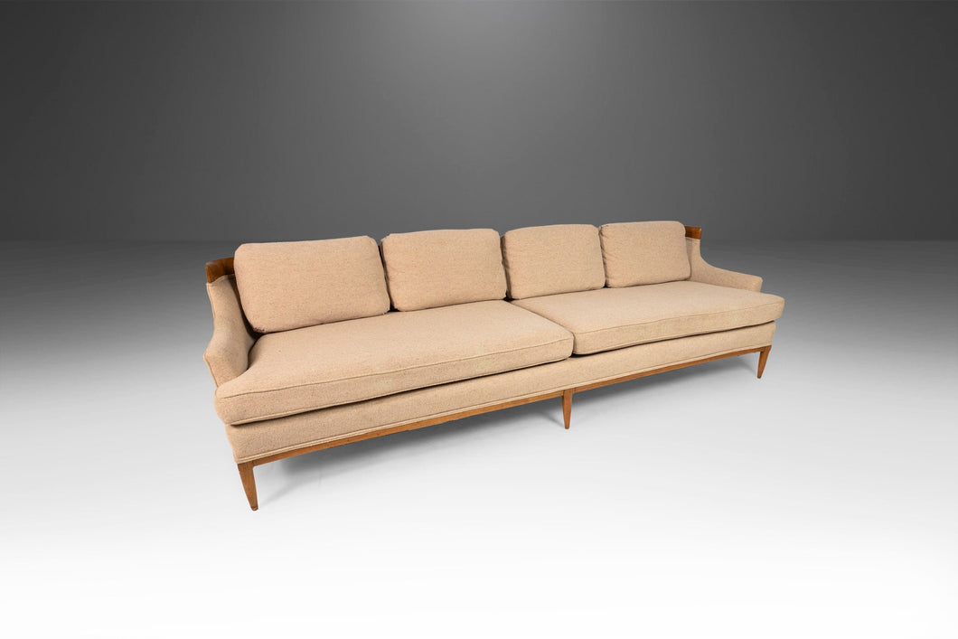 Long Four (4) Seat Full Length Sofa in Original Cream Fabric w/ Sculptural Oak Detailing by Erwin Lambeth, c. 1960's-ABT Modern