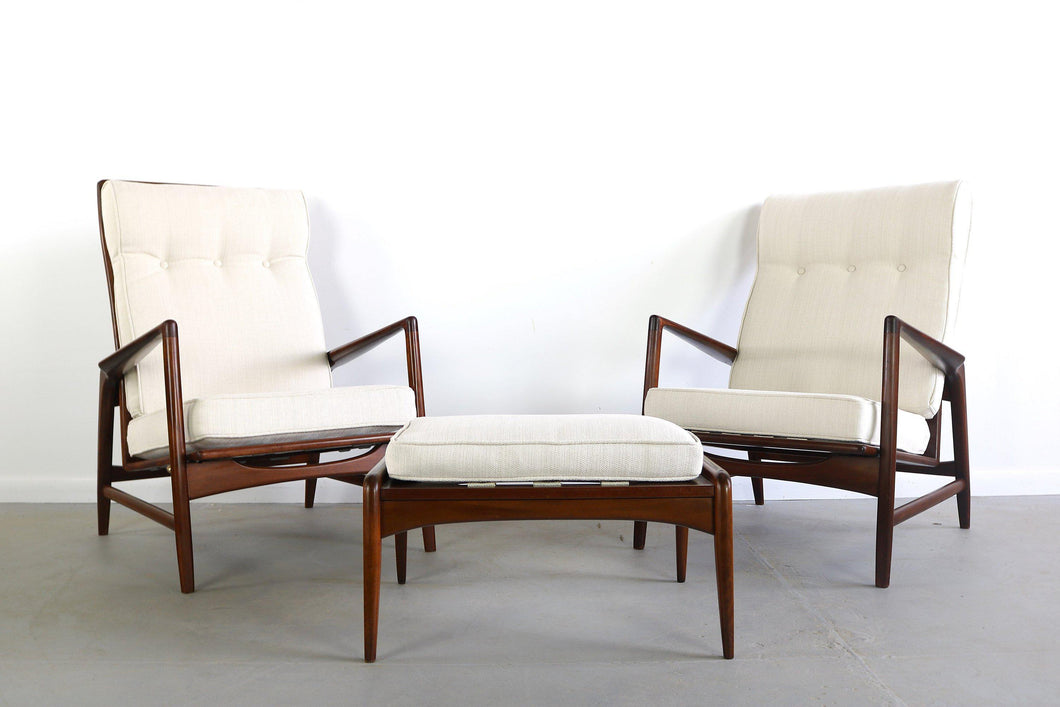 Lounge Chairs and Ottoman Set by Ib Kofod Larsen for Selig in White Fabric-ABT Modern