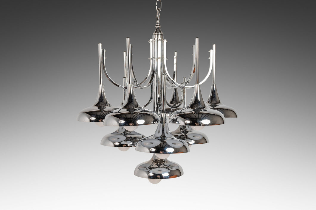 Mid Century Modern 10-Light Chrome Trumpet Lamp Chandelier Attributed to Reggiani by Sciolari, c. 1970's-ABT Modern