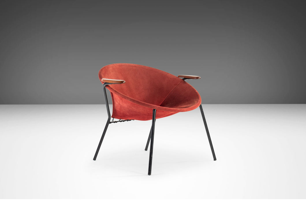Mid Century Modern Balloon / Hoop Chair in Red Dyed Suede by Hans Olsen, Denmark, c. 1960's-ABT Modern