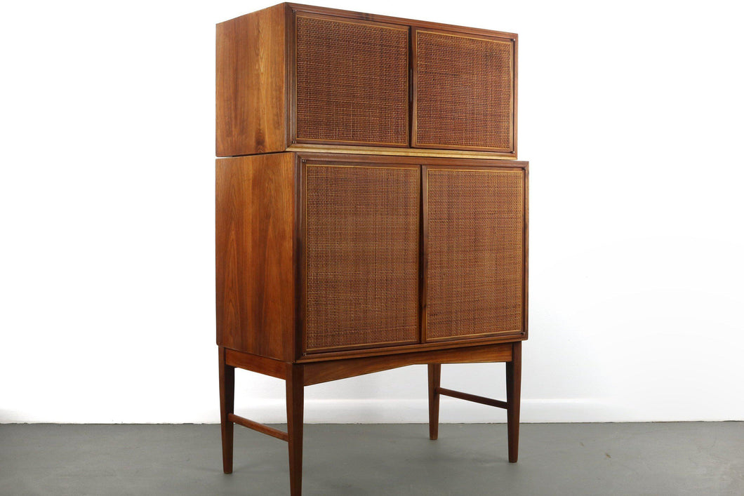 Mid Century Modern Bar / Cabinet In Stunning Walnut with Cane Front Doors-ABT Modern