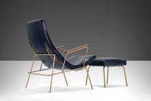 Load image into Gallery viewer, Mid Century Modern Leather Lounge Chair &amp; Ottoman in Blue with Gold Powder Coated Iron Base After Milo Baughman, USA, c. 1960s-ABT Modern
