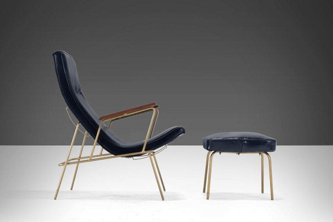 Mid Century Modern Leather Lounge Chair & Ottoman in Blue with Gold Powder Coated Iron Base After Milo Baughman, USA, c. 1960s-ABT Modern