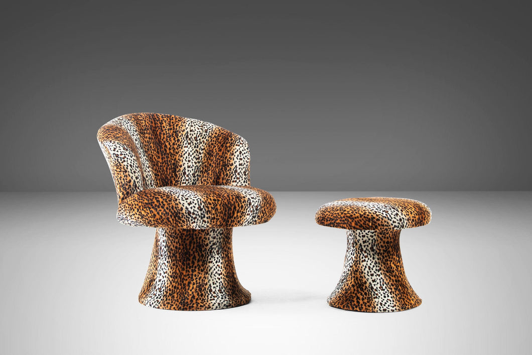 Mid Century Modern Leopard Print Tulip Chair and Ottoman Set After Pierre Paulin, 1960s-ABT Modern