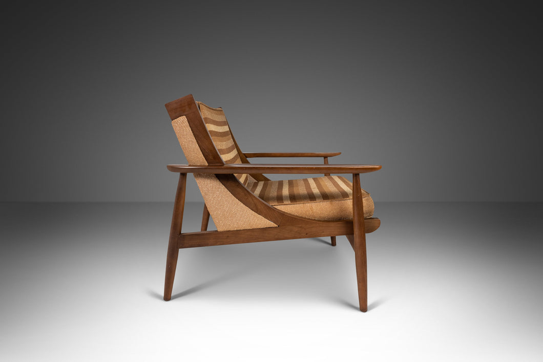Mid Century Modern Lounge Chair After Selig in Walnut & Original Fabric, USA, c. 1950s-ABT Modern