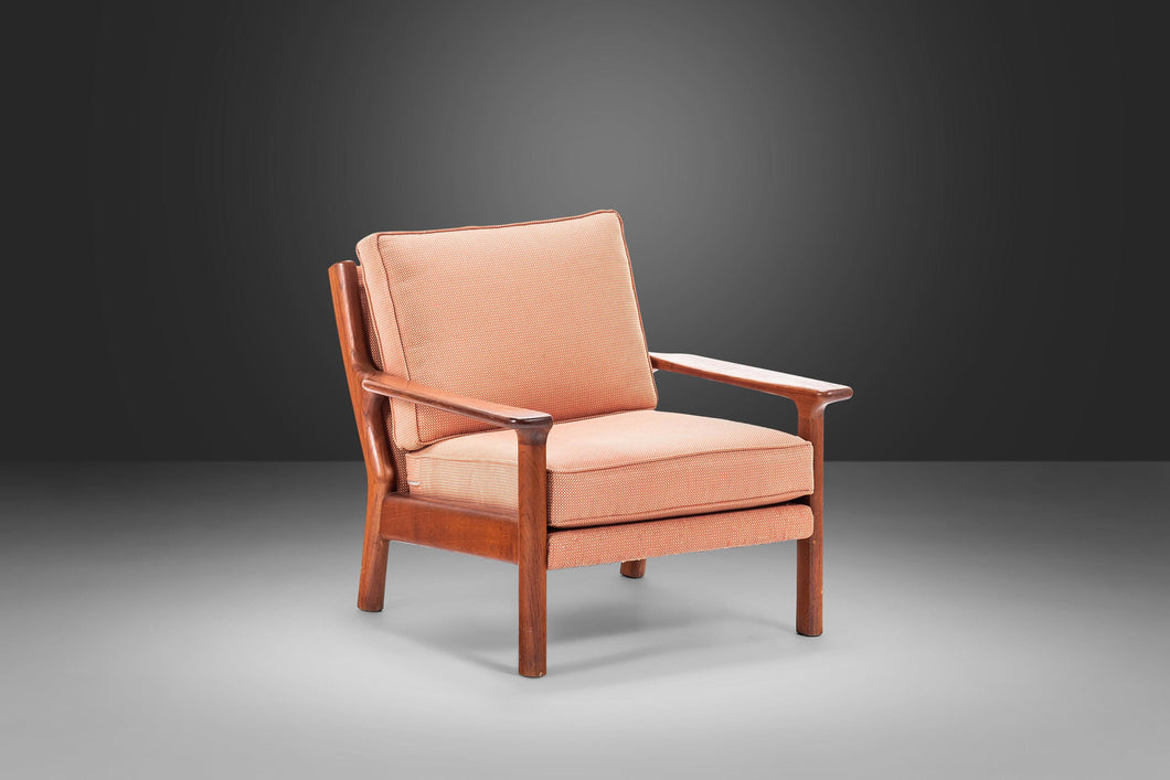 Mid Century Modern Lounge Chair in Solid Teak and Original Peach Fabric in the Manner of Poul Volther, c. 1970's-ABT Modern