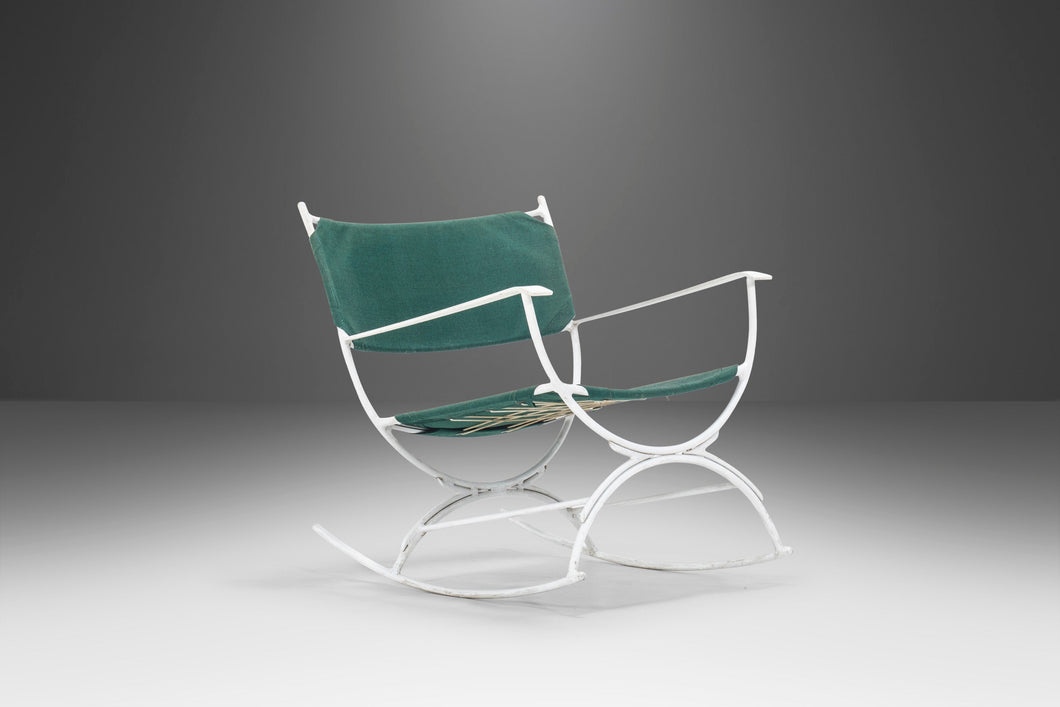 Mid Century Modern Rocking Chair in Forest Green Canvas on Wrought Iron Metal Base After Tony Paul, c. 1960's-ABT Modern