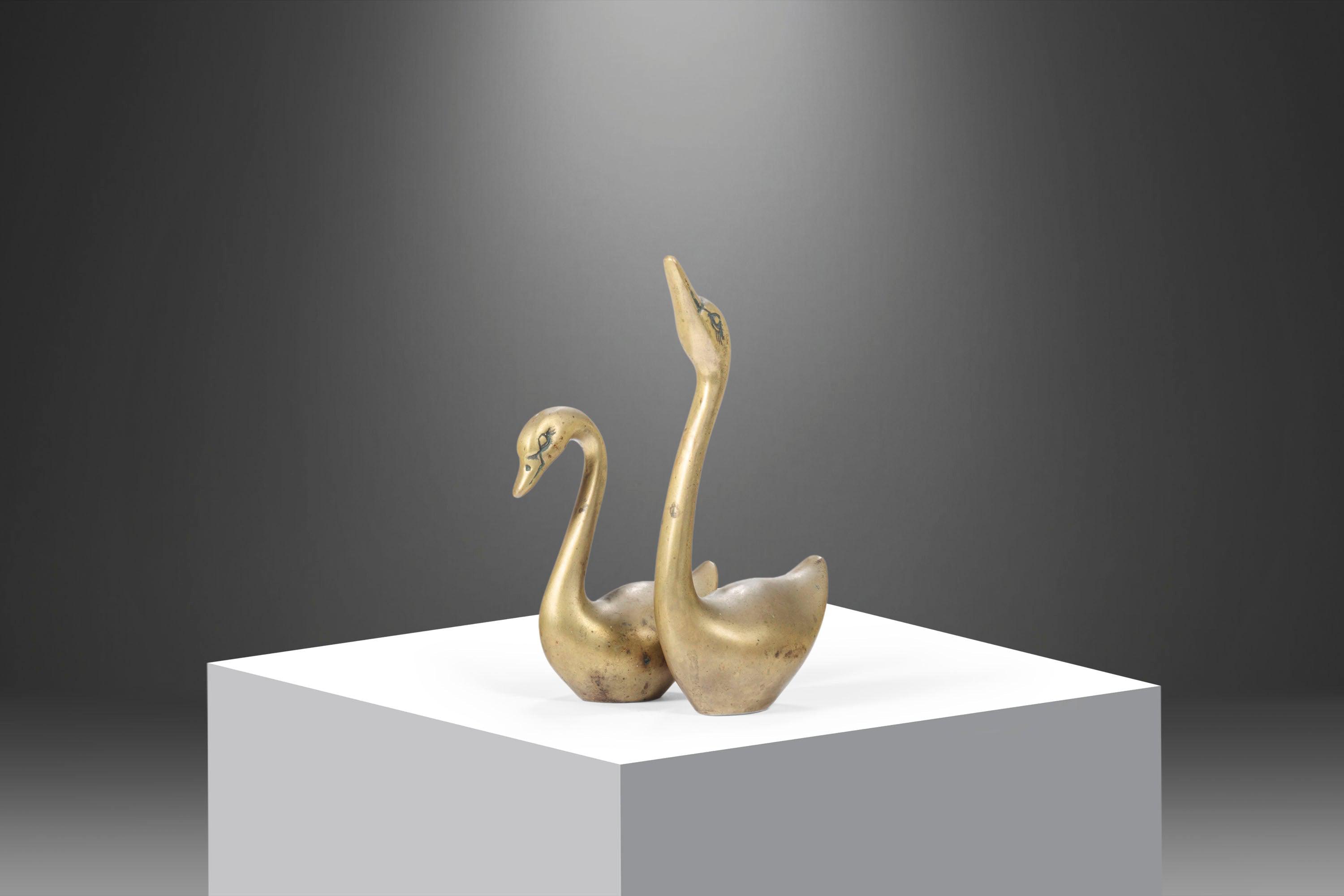 Mid Century Modern Set of Two (2) Brass Swan Sculptures / Home Decor, c.  1970's