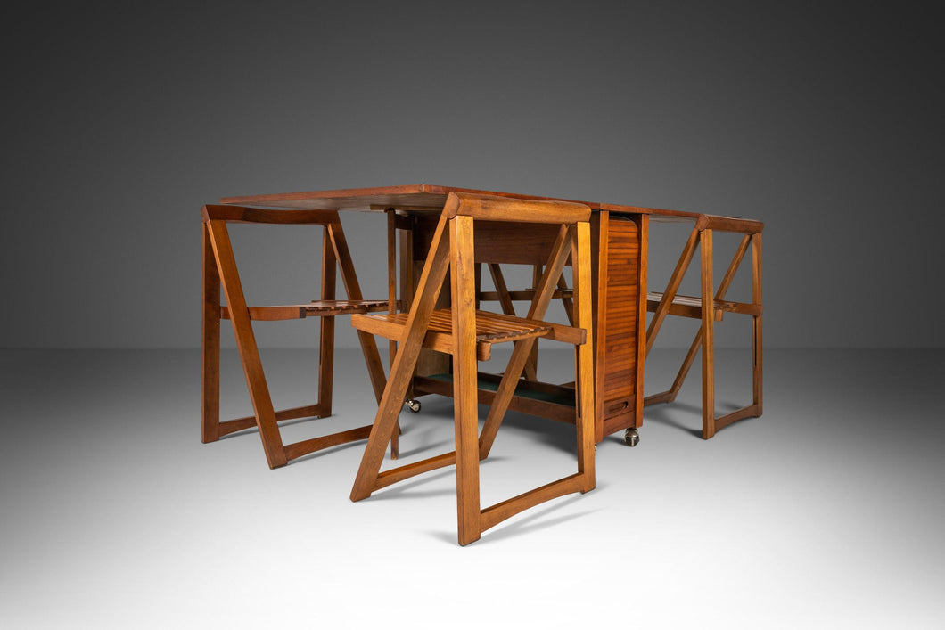 Mid Century Modern Space Saver Minimalist Hide Away Dropleaf Table w/ 4 Hidden Folding Chairs, Romanian, c. 1960's-ABT Modern