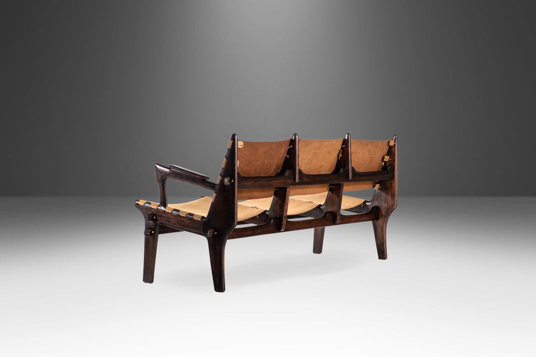 Mid Century Modern Three-Seater Sofa in Fruitwood & Leather by Angel Pazmino, Ecuador, c. 1960's-ABT Modern