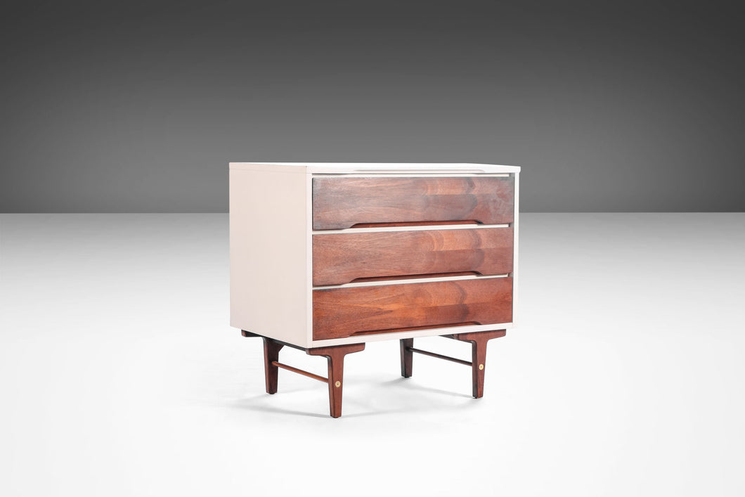 Mid Century Modern Two Tone Dresser By Stanley in White and Walnut w/ Brass Detailing, USA, c. 1960's-ABT Modern