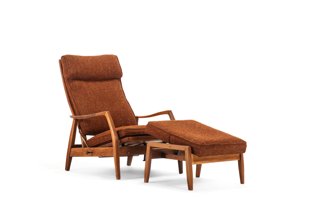 Milo Baughman Lounge Chair / Recliner with Ottoman in Original Brown Fabric-ABT Modern