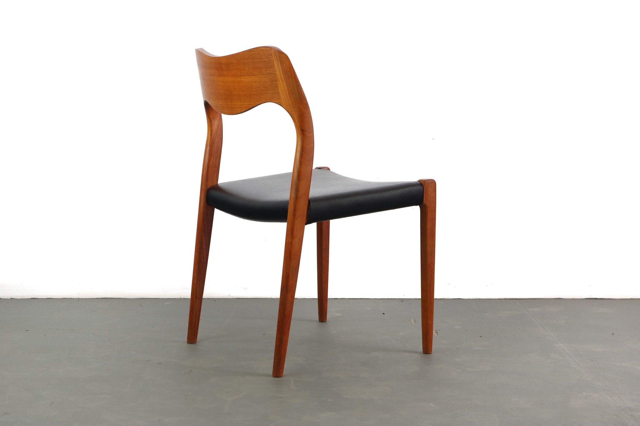 Niels Møller # 71 Teak Dining Chairs w/ Black Vegan Leatherette Seats