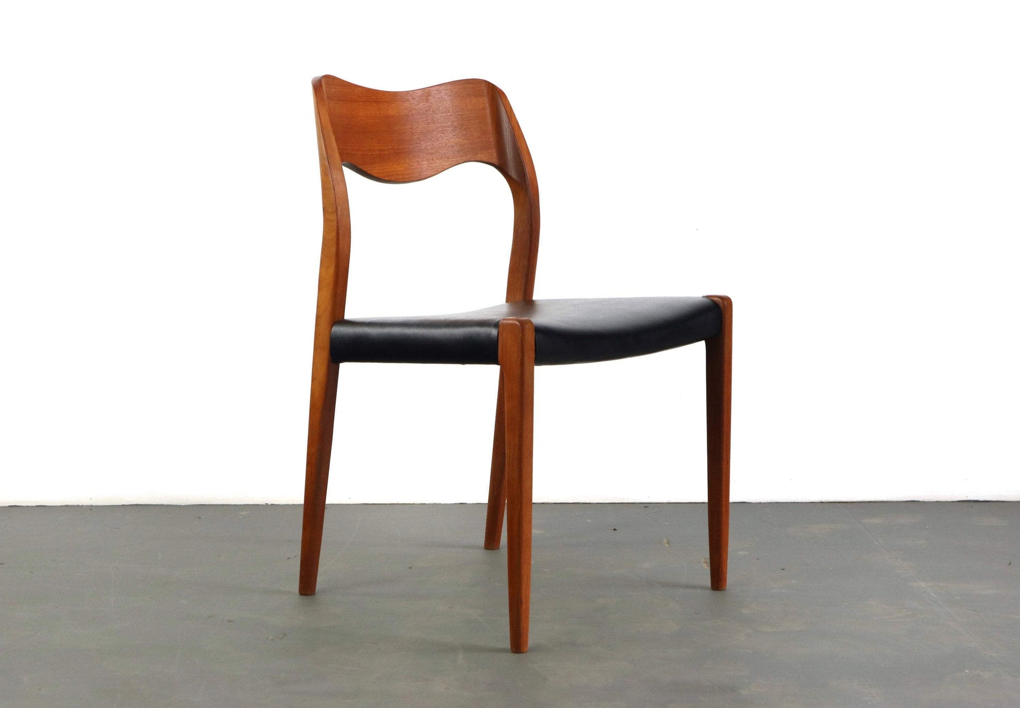 Niels Møller # 71 Teak Dining Chairs w/ Black Vegan Leatherette Seats