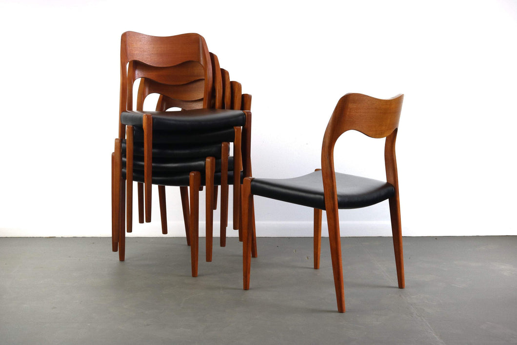 Niels Møller # 71 Teak Dining Chairs w/ Black Vegan Leatherette Seats - A Set of 8, Denmark-ABT Modern