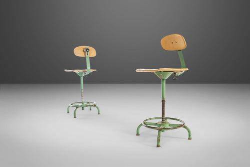 Pair of Industrial Adjustable Metal Drafting Stools / Barstools by Adjusto Equipment, c. 1940s-ABT Modern