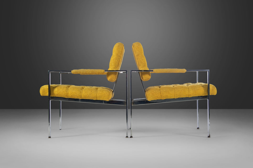 Pair of Tagged Milo Baughman for Thayer Coggin Chrome Lounge Chairs in Tufted Canary, USA, c. 1970's-ABT Modern