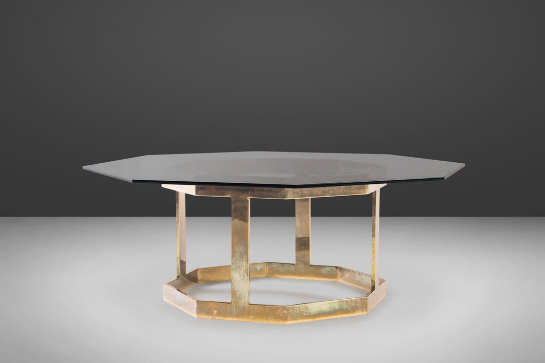 Patinaed Brass Octagonal Coffee Table with an Octagonal Glass Top After Milo Baughman, c. 1970s-ABT Modern