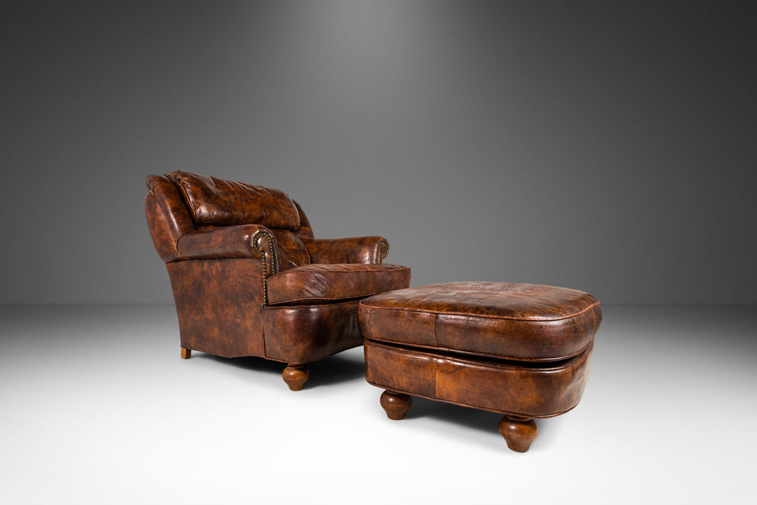 Patinaed French Club Chair / Cigar Chair & Ottoman in Original Distressed Leather, France, c. 1940's-ABT Modern