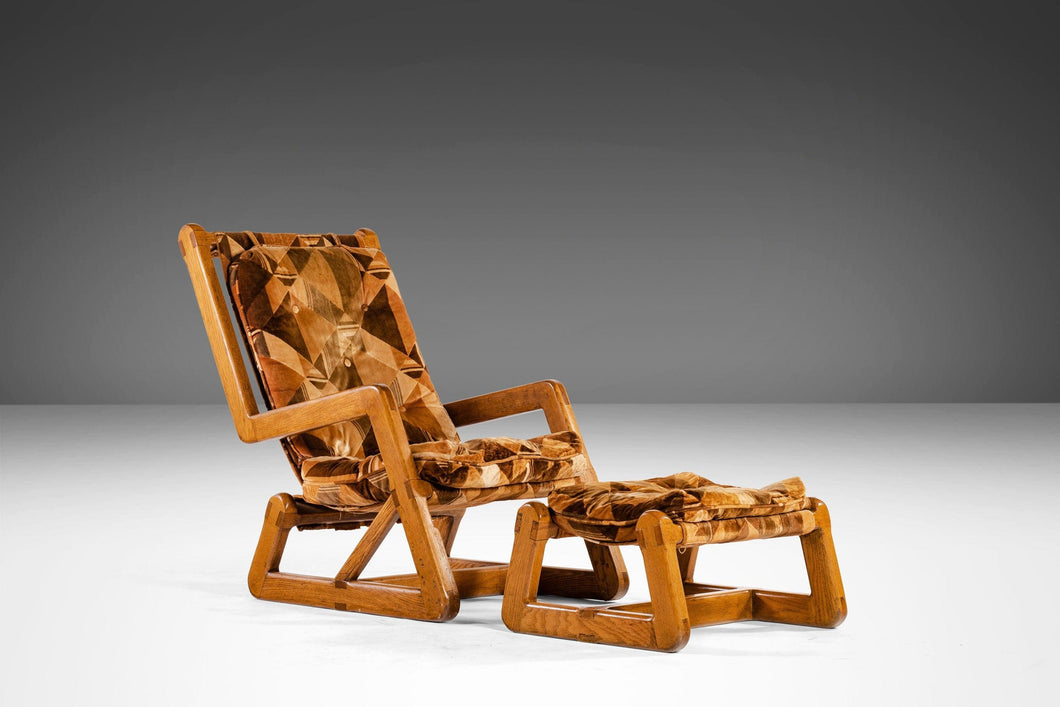 Rare Angular Oak Lounge Chair and Ottoman Set Found in Original Fabric, c. 1970s-ABT Modern